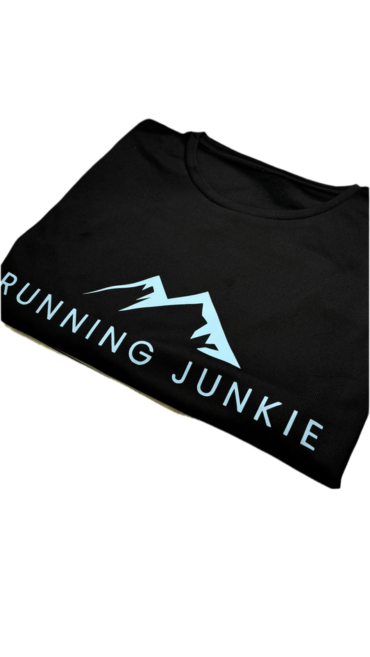 Men’s Active Running Long Sleeve Top Black with Blue Running Junkie Logo