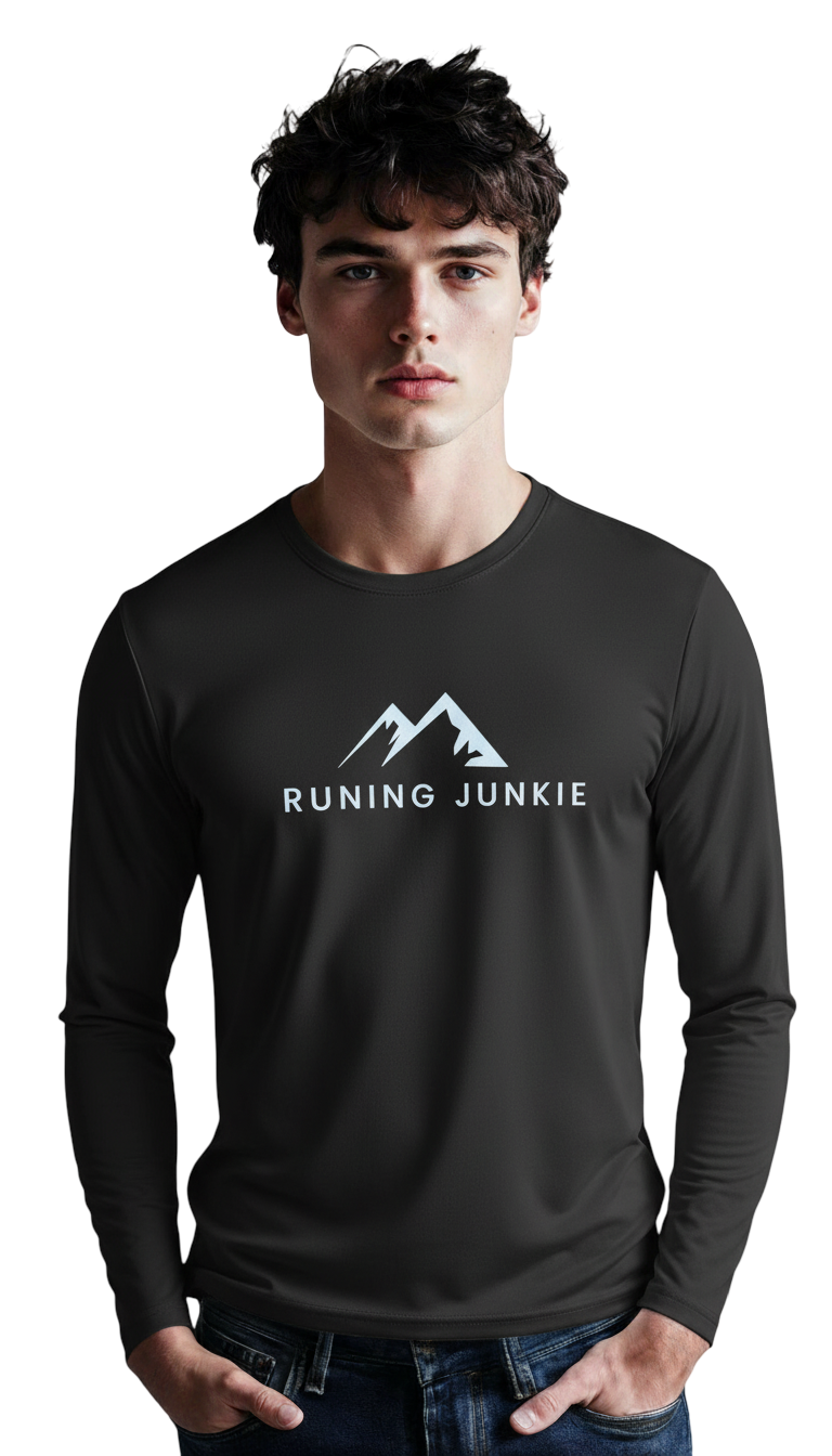 Men’s Active Running Long Sleeve Top Black with Blue Running Junkie Logo